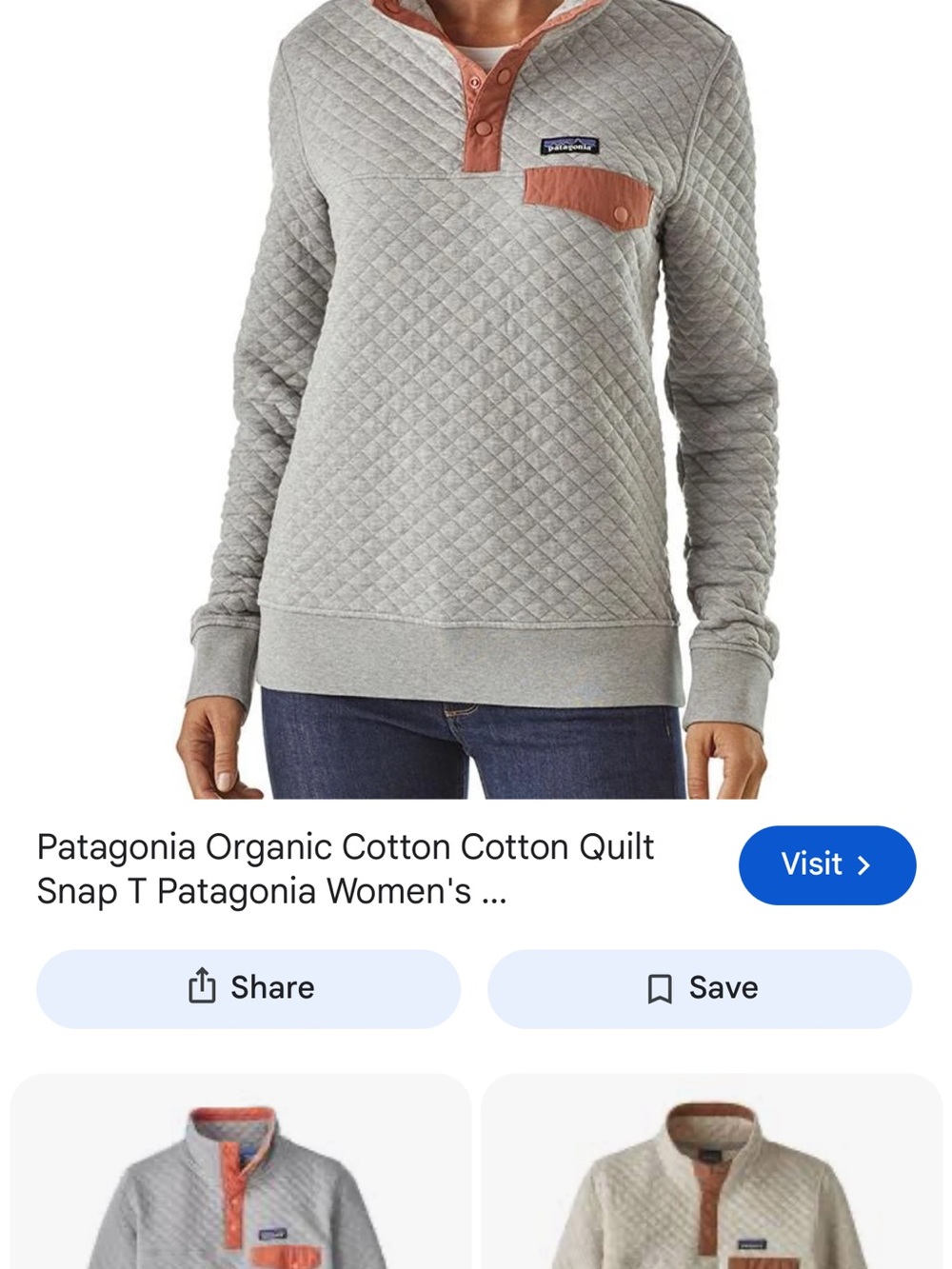 Patagonia Quilted Snap-T Pullover in Light Gray with Rust Trim